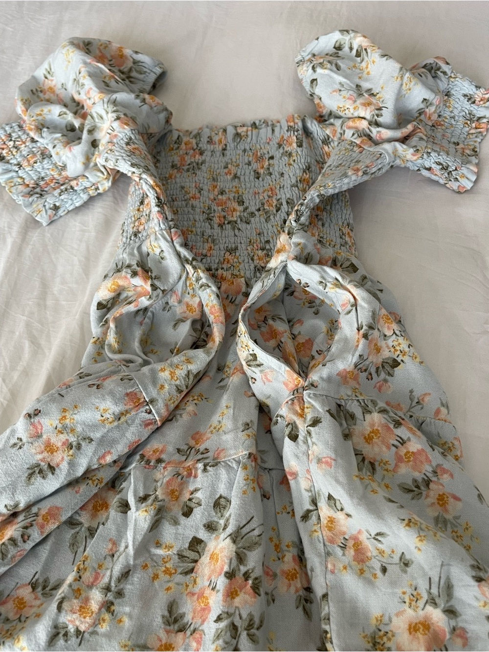 American Eagle Picnic Pretty Puff-Sleeve Dress. Floral Smocked linen blend - Picture 5 of 12